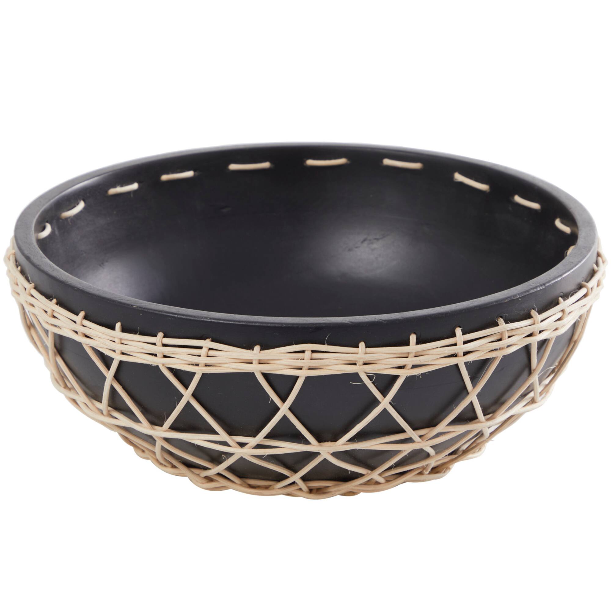 12" Black Mango Wood Handmade Decorative Bowl with Woven Rope Accents